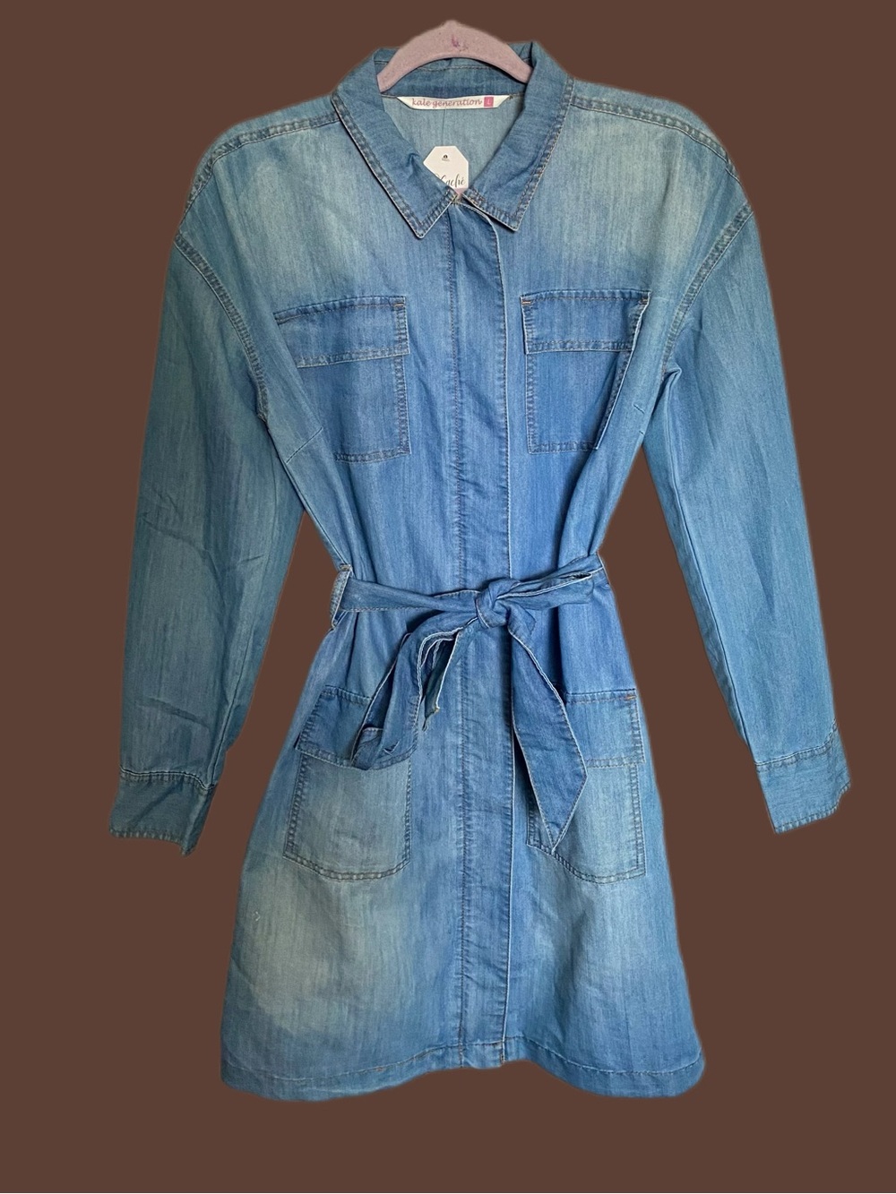 Light Wash Denim Midi Shirt Dress with Waist Tie